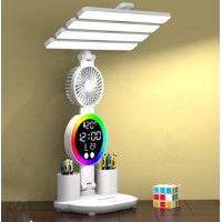 Лампа настольная с 4-ю плафононами, RGB подсветкой, часами и вентилятором.