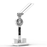 Лампа настольная с двумя плафонами, часами и вентилятором.