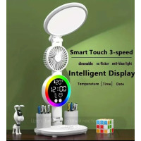 Лампа настольная с круглым плафононом, RGB подсветкой, часами и вентилятором.